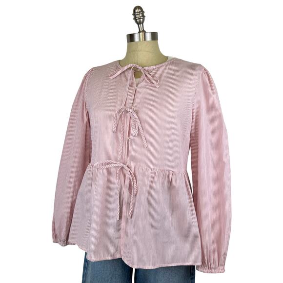 Striped Light Red Tie Bow Front Long Sleeve Blouse Top (Sz M) - Picture 2 of 11
